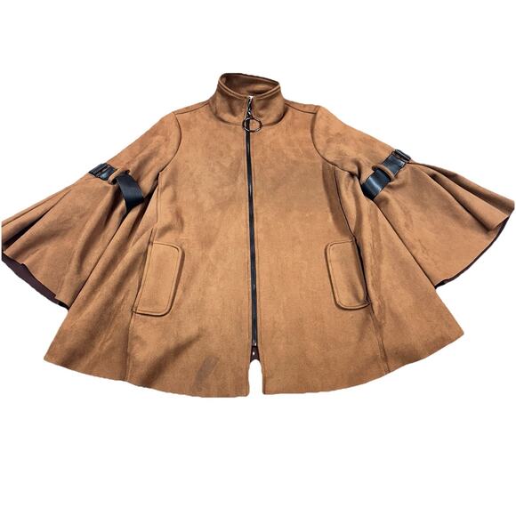 Joseph Ribkoff Swing Jacket Women 6 Brown Vegan Suede Bell Sleeves Full Zip - Picture 3 of 9